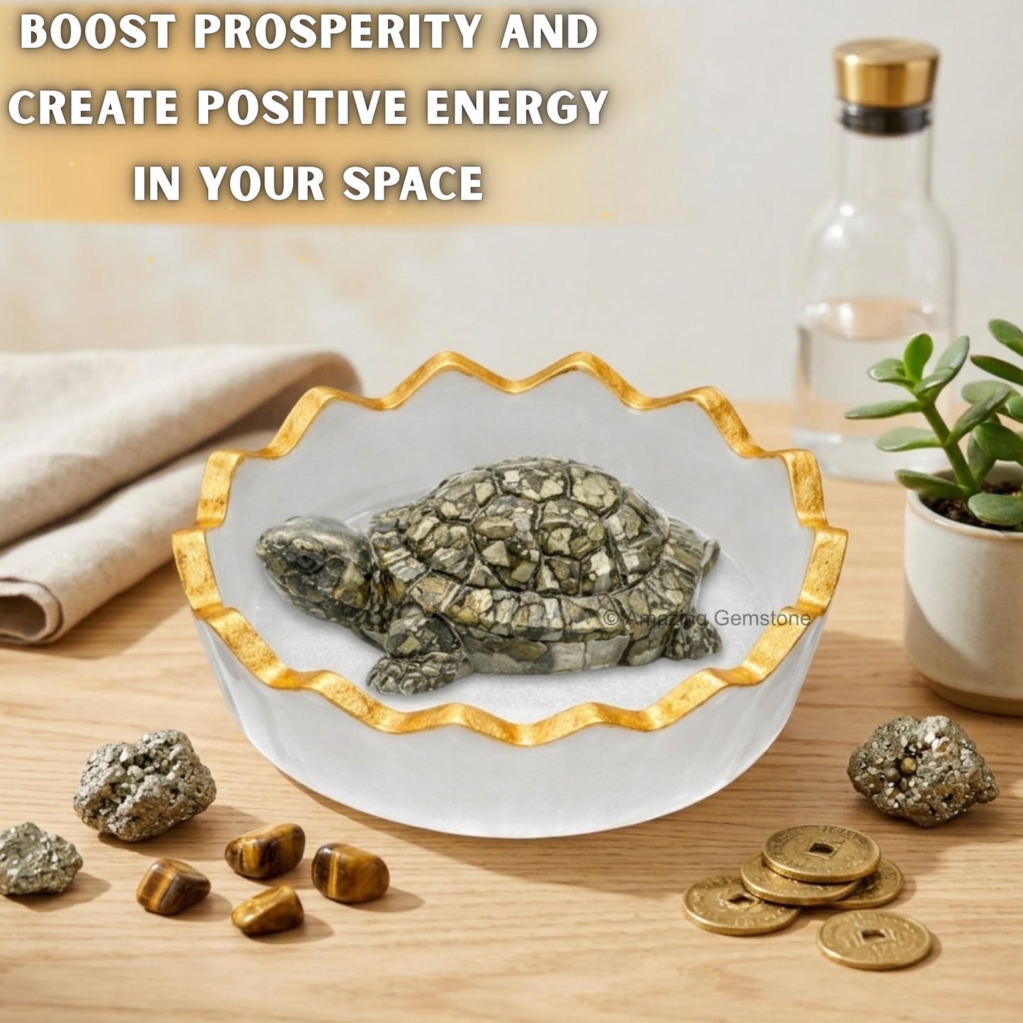 Amazing Gemstone Natural Pyrite Crystal Tortoise with Selenite Bowl | Feng Shui Turtle for Good Luck, Wealth & Positive Energy | Spiritual Home Decor Gift for Office & Meditation