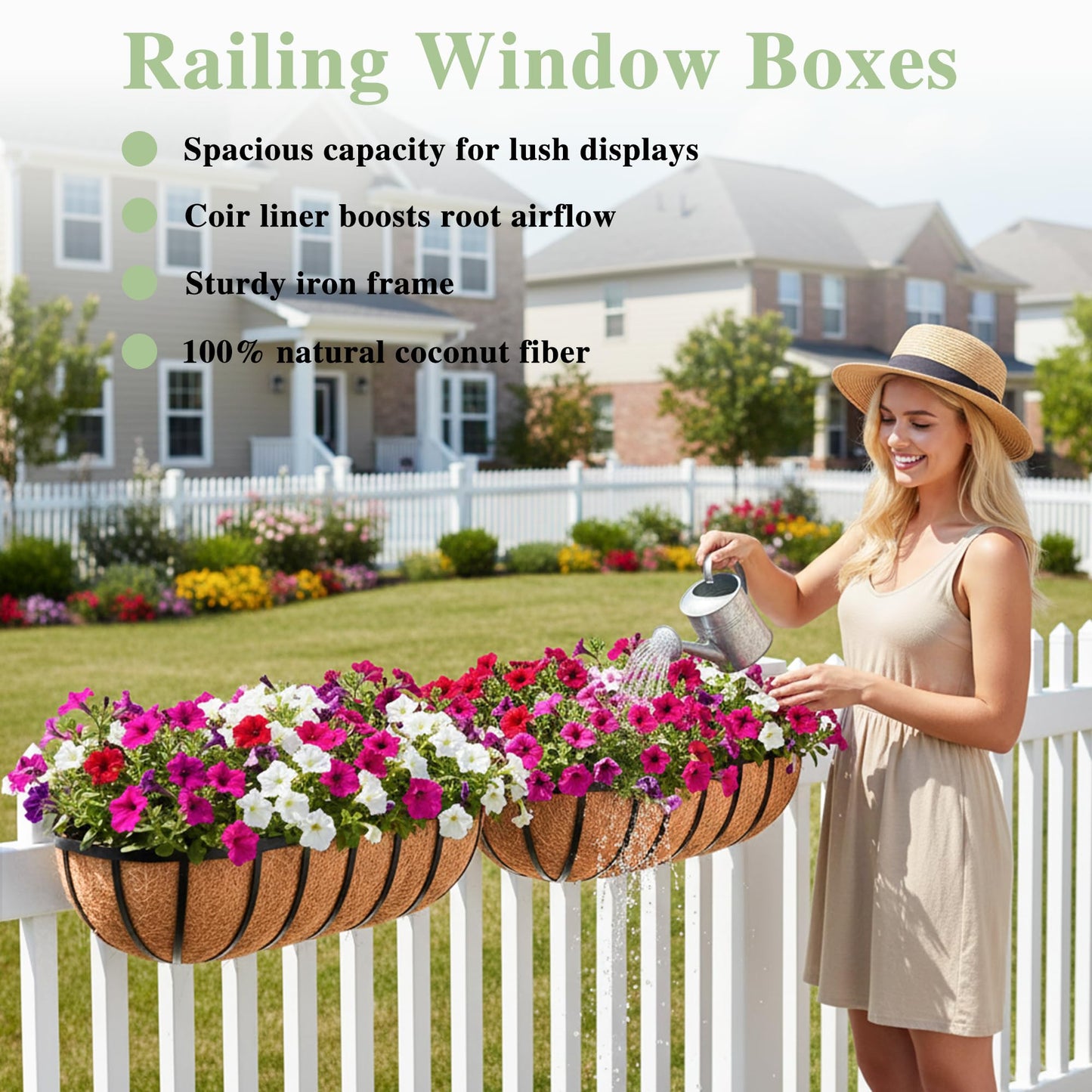 EIMQUVW 30 Inch Railing Planter Window Box Deck Balcony Rail Planter with Coco Liner Metal Wall-Mounted Coconut Liner Basket English Horse Trough for Outdoor Balcony Porch Fence Patio (2 Pack)
