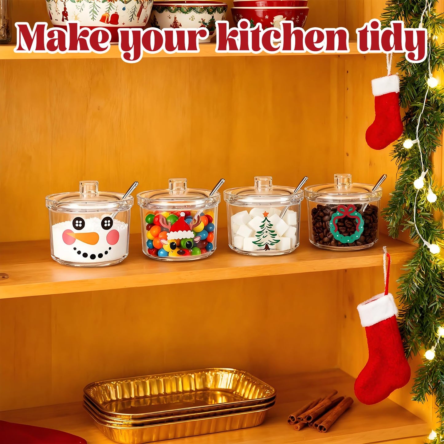 Foxtell 4 Pcs Christmas Clear Acrylic 450ml Sugar Bowls with Lid and Spoon Ice Cream Sundae Storage Container Kitchen Canister Condiment Bottle for Xmas Party Serving & Decor