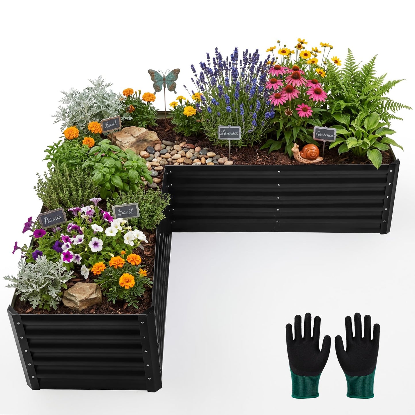 ElaraBerry 6.2x6.2x1.5 ft Raised Galvanized Garden Beds Outdoor L Shaped, Large Corner Metal Deep Root Planter Box with Gloves for Planting Vegetable Flower Herb, Anti Rust, Easy Setup, Gray (Square)