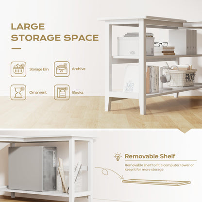 IOTXY Reversible L-Shaped Office Desk - 63" Extra Large Corner Computer Table with Storage Shelves, Solid Wood Legs, Home Writing & Study Workstation, White