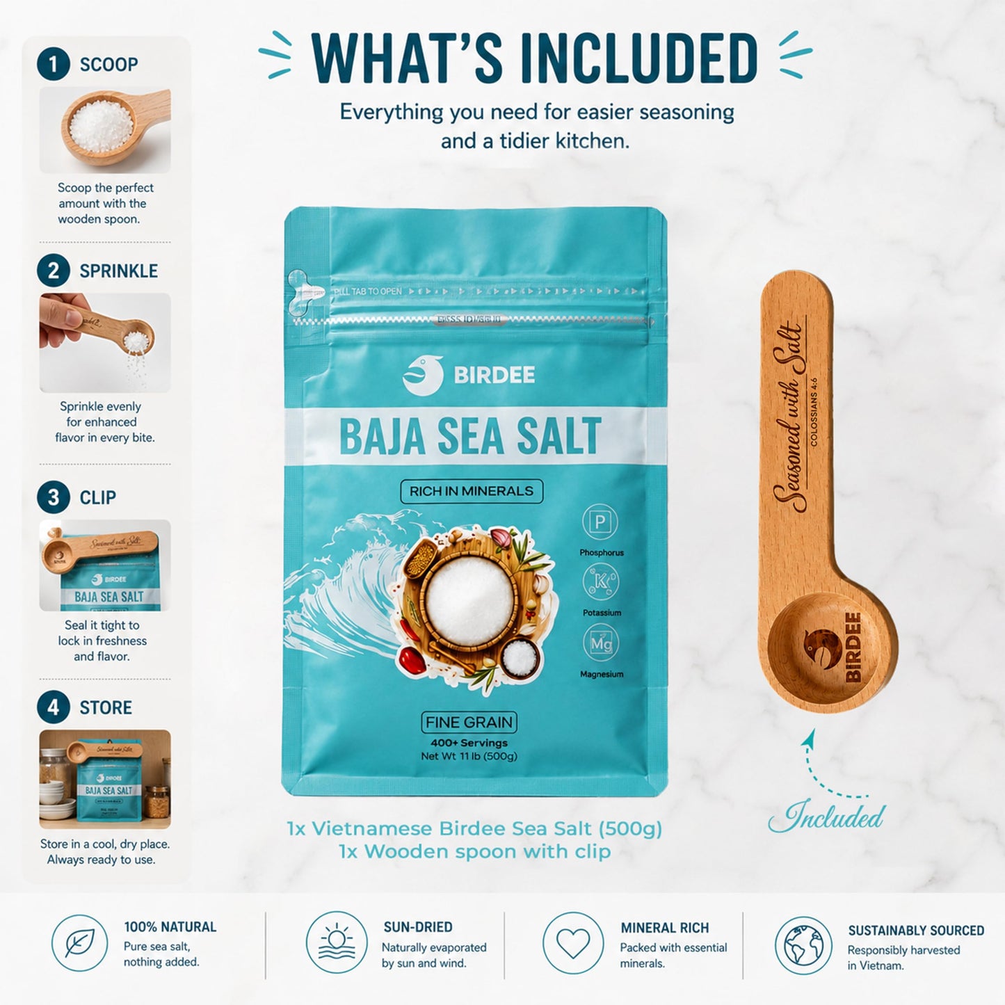 Birdee Salt Gift Set, Solar-Dried Mineral Rich Fine Grain Sea Salt from Vietnam, 17.6 oz (500g) Pouch with Engraved Hardwood Spoon Bag Sealer Clip, Seasoned with Salt Colossians 4:6