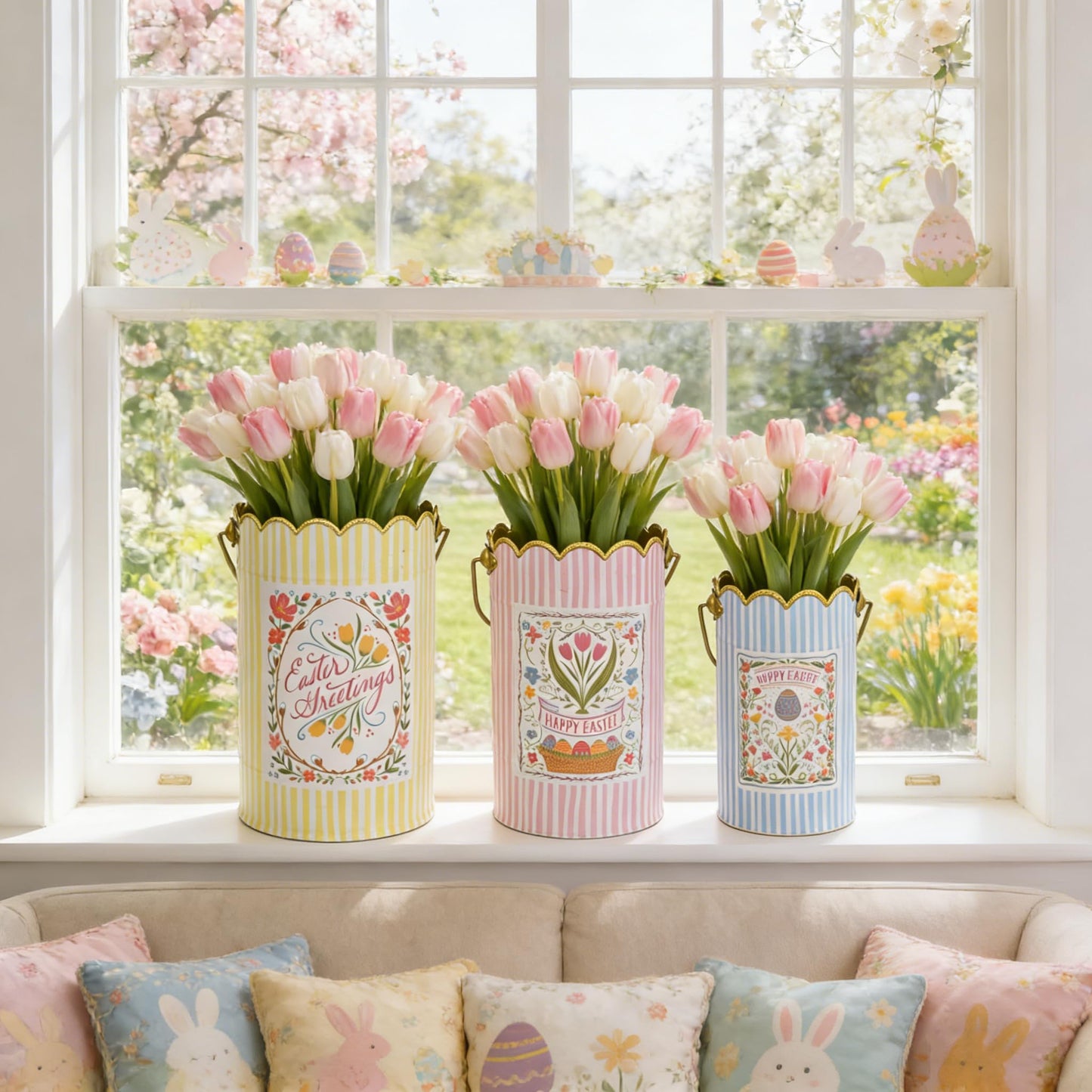 Zorvynelle Set of 3 Metal Bucket with Handle Decorative Floral Basket Bucket Cute Striped Design Flower Planter for Easter, Gift Baskets, Garden & Home Decor