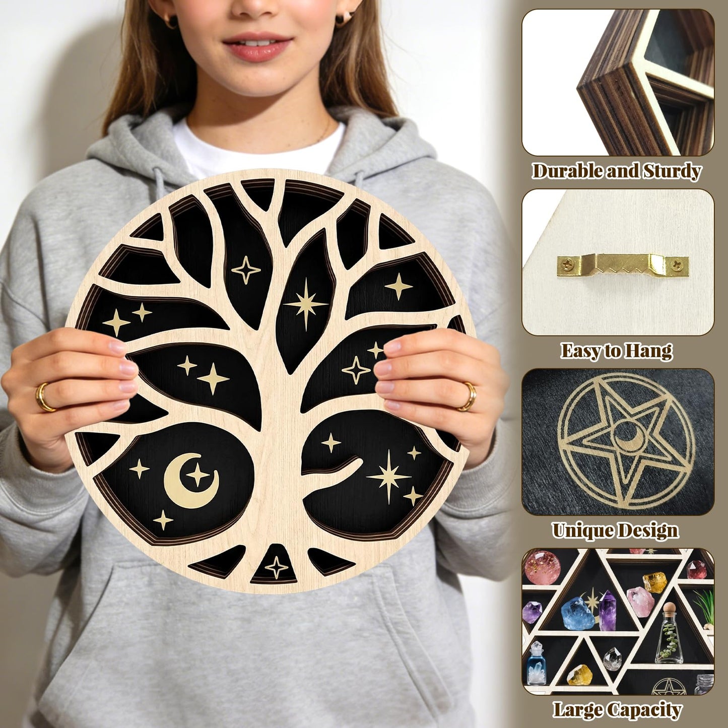 peacoblue Tree of Life Shaped Crystal Display Shelf 11.8" L× 11.8" W× 1.2" Wooden Wall Mounted Decor for Crystals, Gemstones & Trinkets for Bohemian, Witchy & Modern Interiors