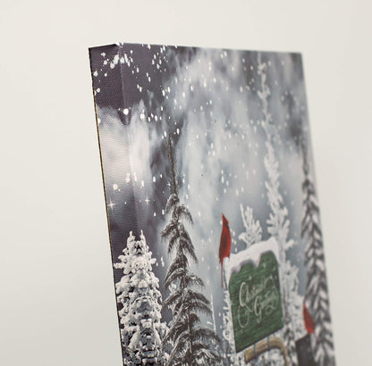 BANBERRY DESIGNS Cardinals and Snowmen Lighted Wall Art Canvas Prints - Christmas Greetings with LED Lantern - Winter Snow Scene with Pine Trees - Measures 16" H x 12" W