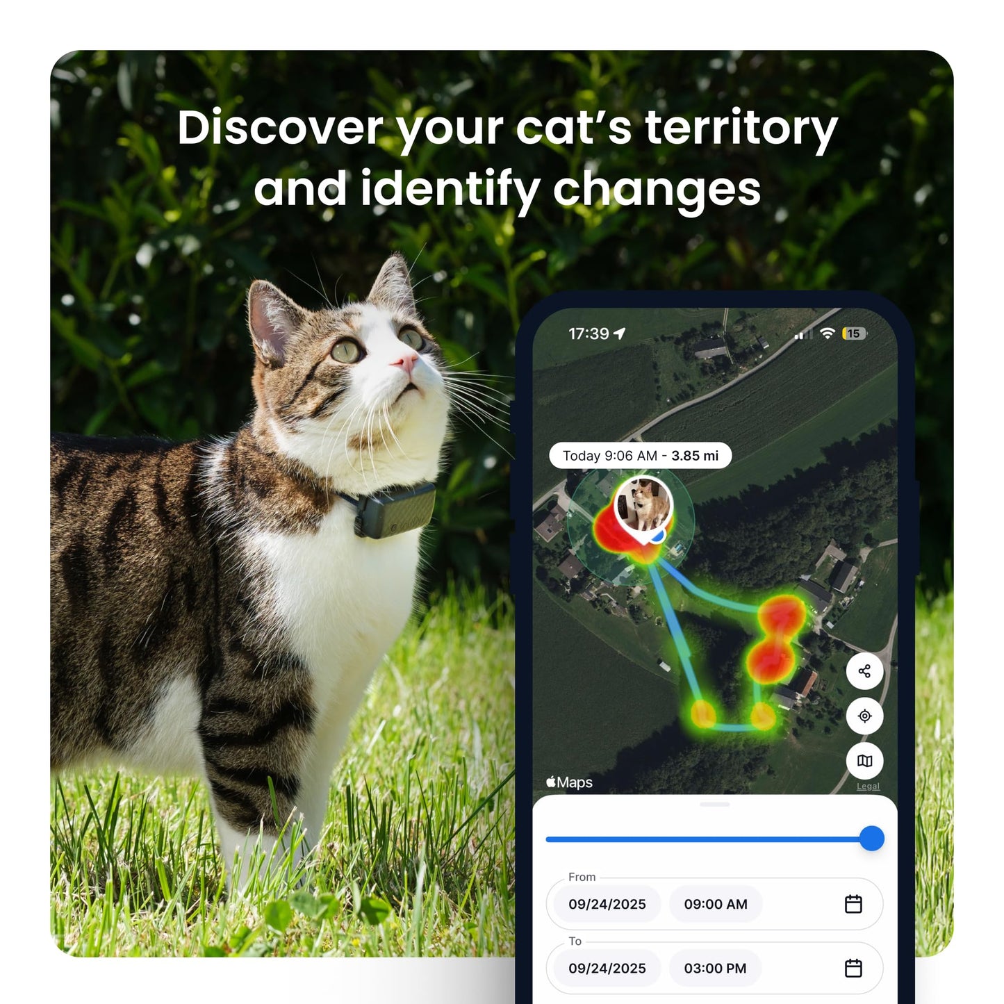 Tractive Smart Cat GPS Tracker | Real-Time Location & Wellness Monitoring for Cats 6.5 lbs+ | Territory & Location History | Up to 5-Day Battery | Breakaway Collar Included (Dark Blue)