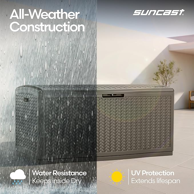 Suncast Extra Large Deck Box - 124 Gallon Resin Outdoor Storage Box with Lockable Lid for Outdoor Cushion Storage, Toys, & Garden Gear, Stoney Grey Wicker Bin for Patio, Porch, Pool, & Yard