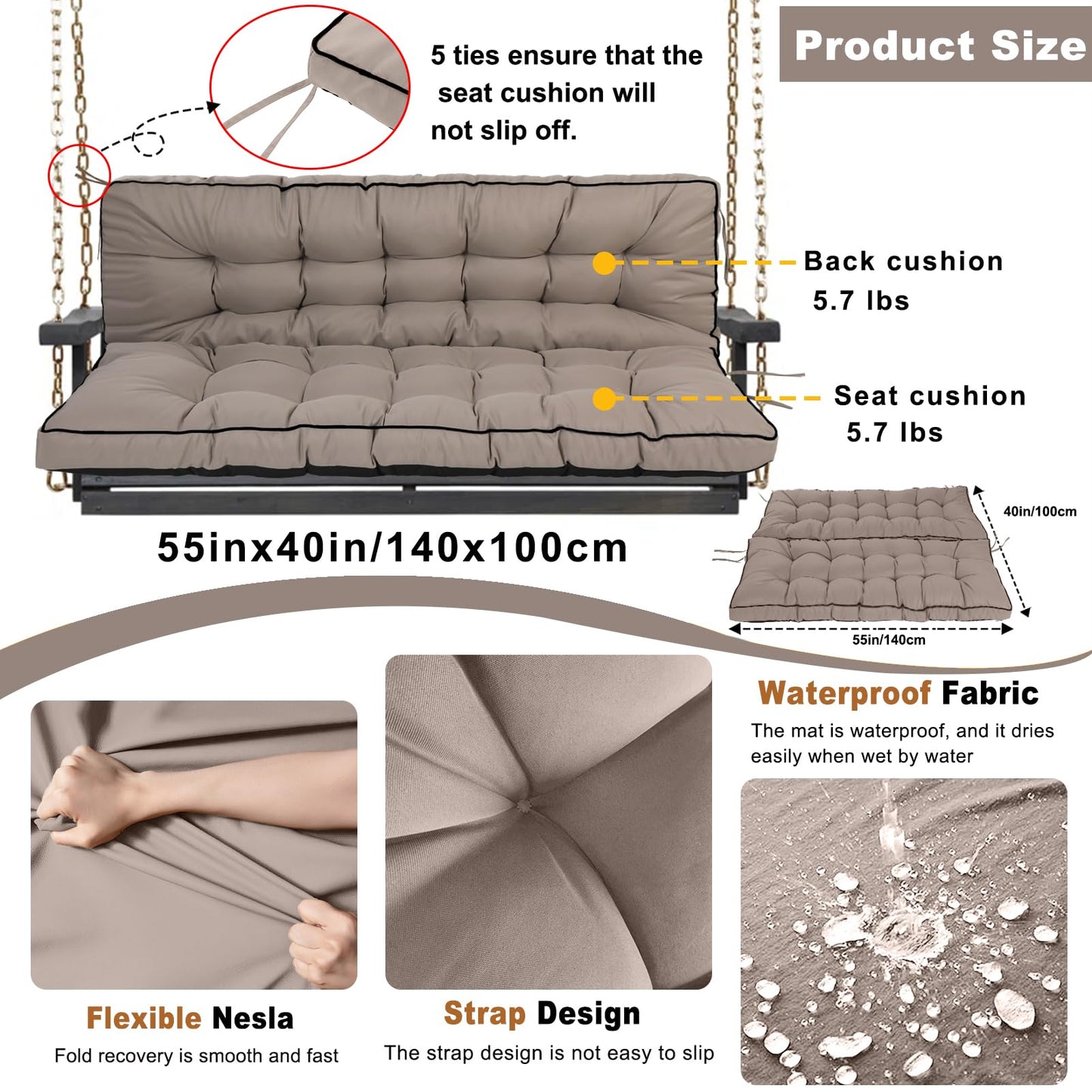 HIYEN Porch Swing Cushions 3 Seater Replacement, Waterproof Bench Cushions for Outdoor Furniture with Backrest, 4" Thickened Patio Swing Cushion with Ties (Khaki, 55 * 40 inch)