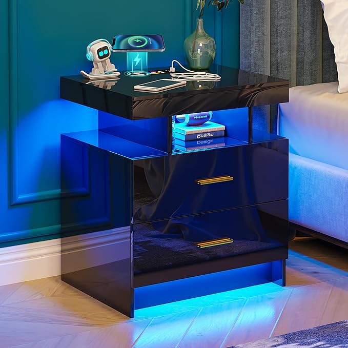 WOOVIVS Night Stand Set 2 with USB/Type-C/Wireless Charging Station, Blakc