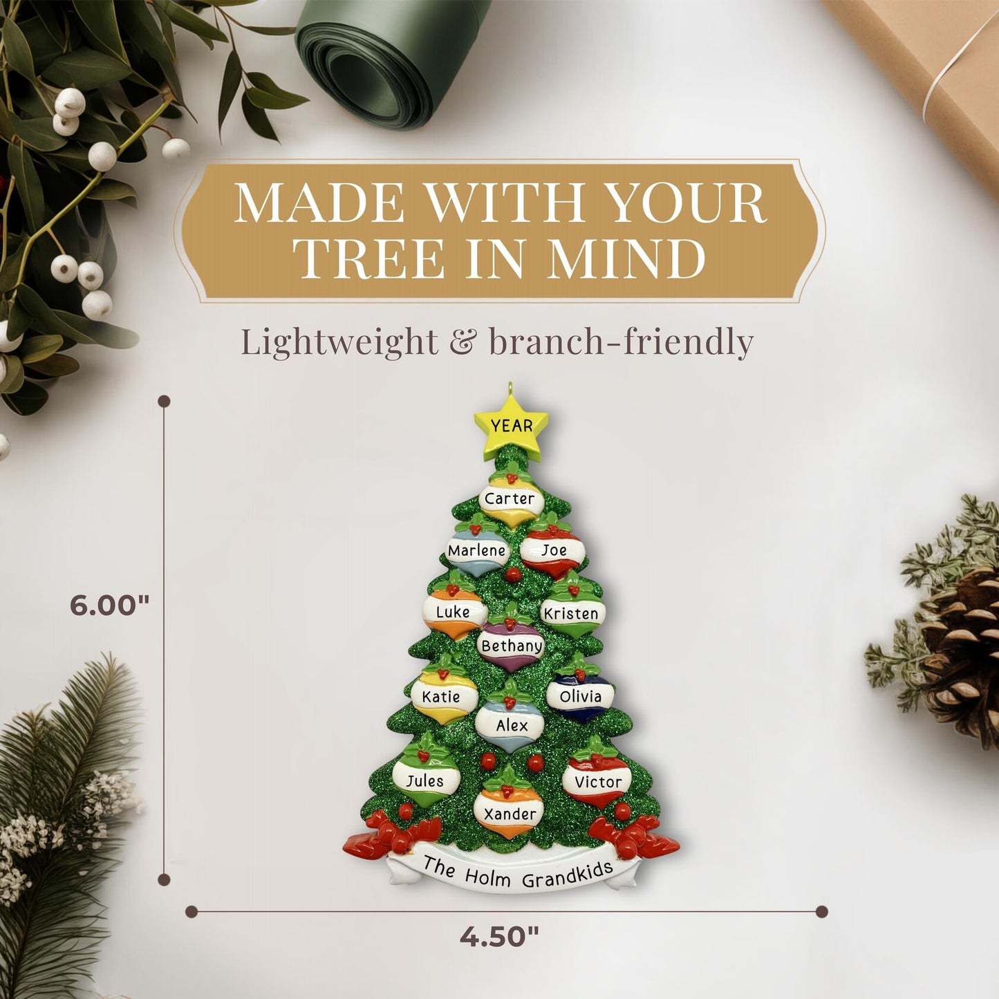 Personalized Large Family of 12 Ornament 2025 | Free 24h Customization | Christmas Ornaments for Tree | Custom Gift Wrapped Green Glitter Keepsake for Twelve Persons