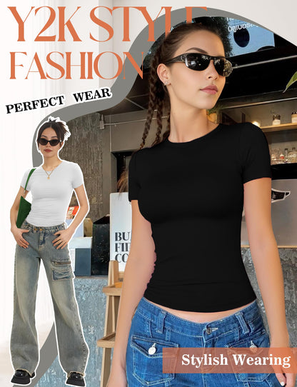 Womens Casual Basic Crop Tops Summer Autumn White Black Short Sleeve Crew Neck T Shirts Slim Fit Tees Plain Going Out Y2k Plain Cute Tops Tight Fitted Compression Baby Tee Shirts Trendy Clothes 2025