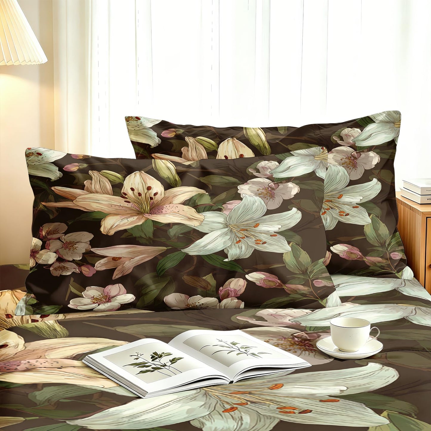 Lily Floral Sheet Set, 4 Pcs King Size Botanical Bed Sheets