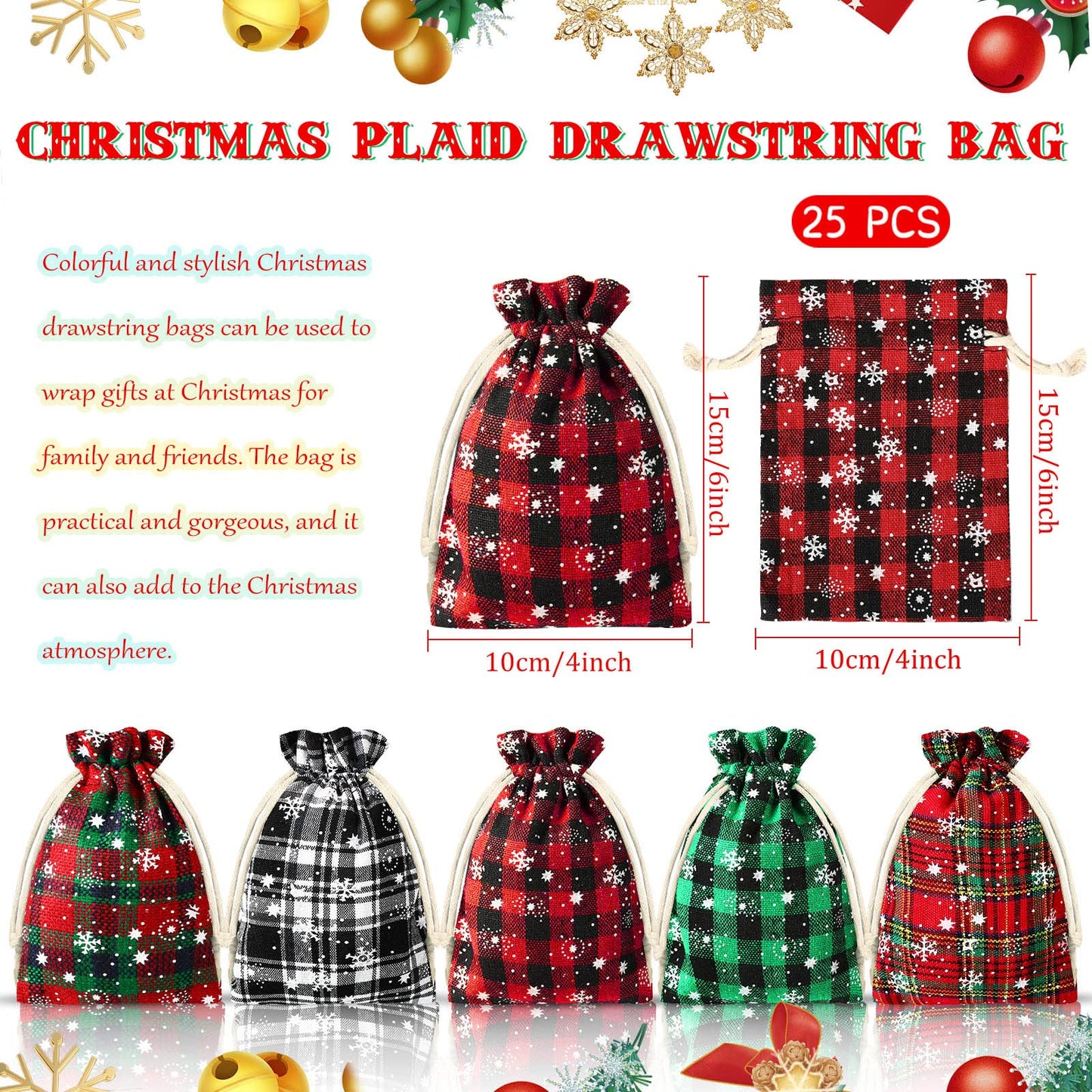Shappy 25 Pieces Christmas Drawstring Bags 4 x 6 Inch Small Xmas Buffalo Plaid Bags with Snowflake Pattern Linen Cloth Gift Treat Bag for Christmas Holiday Party Favor