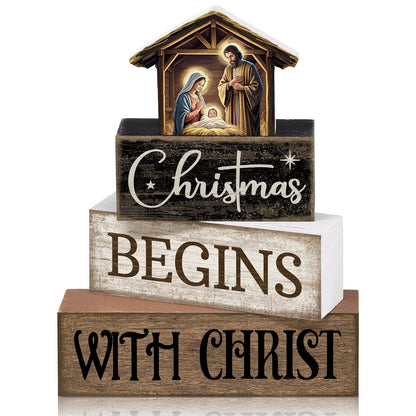 Moucuny 4 Pcs Christmas Table Decoration Christian Wooden Stacked Block Decor, Christmas Begins with Christ Signs with Nativity Scene Topper, Rustic Religious Xmas Tiered Tray Decor for Home Church