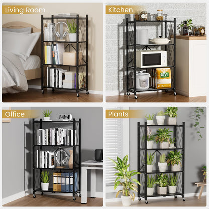 ALANNG Folding Storage Shelves with Wheels, 3 Tier and 4 Tier (2 Pack, Black)