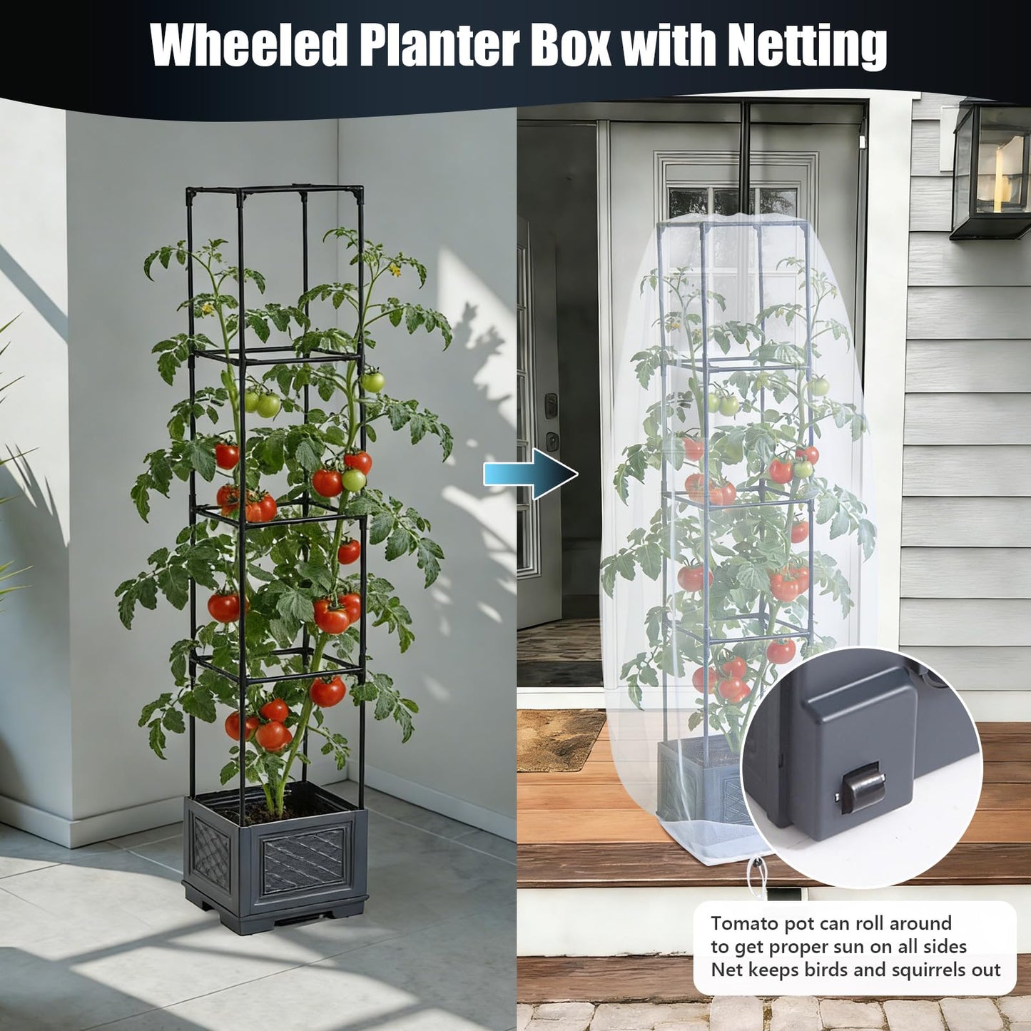 Tomato Planter Pot with Trellis for Patio Deck, 55" Raised Garden Bed Boxes Outdoor Self Watering Tomato Growing Kit Pots for Growing Cherry Tomatoes, Cucumbers, Beans, Peas, Grape vine, Flowers