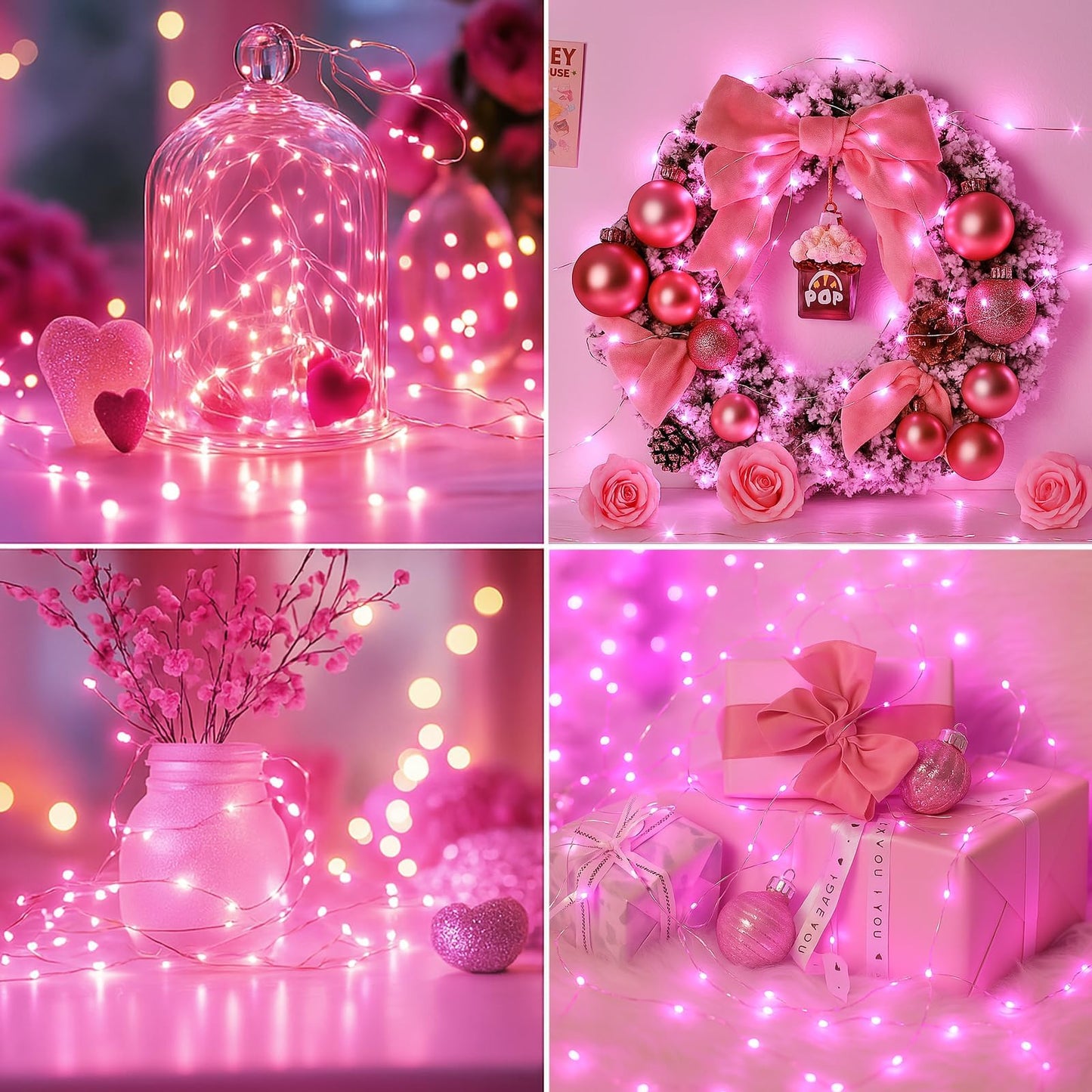 12 Pack Fairy Lights Battery Operated - 7ft 20 Led Twinkle Lights 3 Modes, Bulk Mini String Lights Waterproof for Mason Jars Vases DIY Party Wedding Decoration Valentines Day - Pink