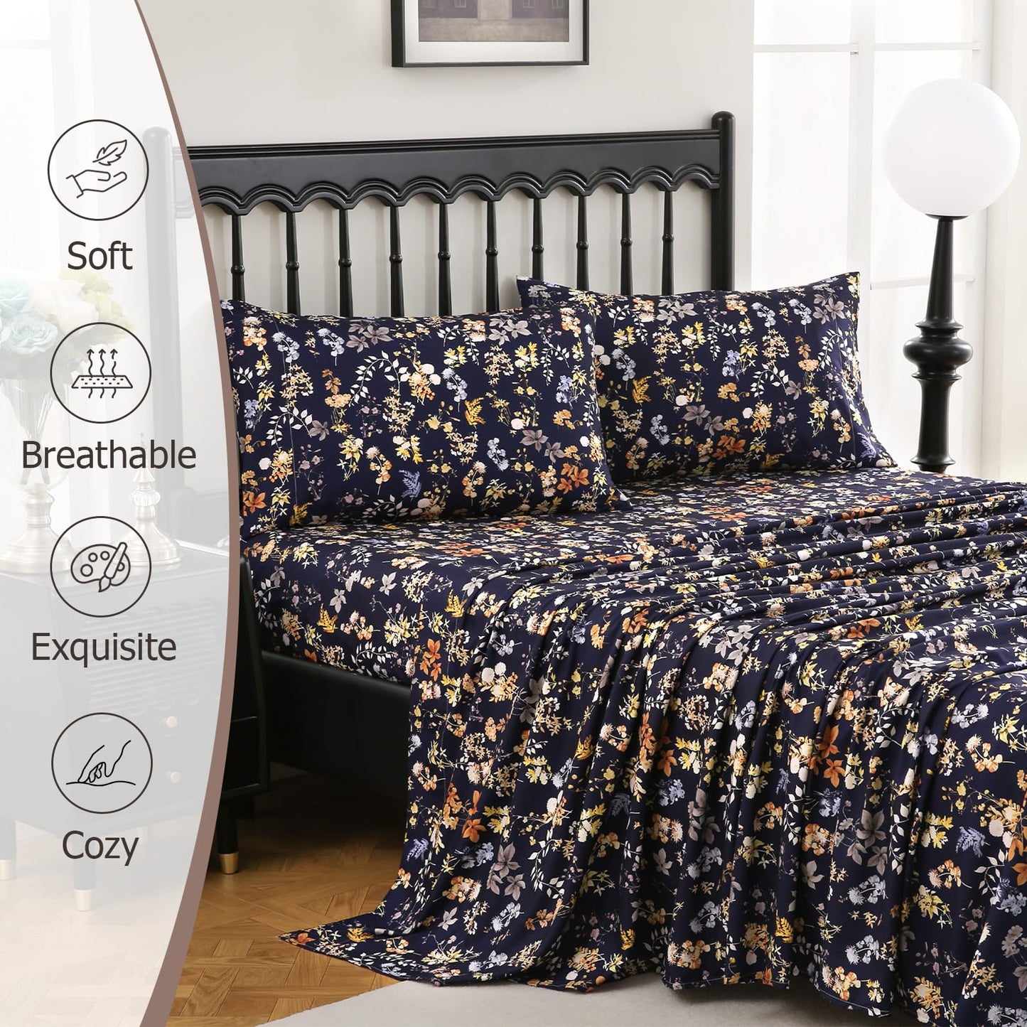 CozySmile 4 Pieces King Sheet Set Floral, Boho Sheets Soft Microfiber Deep Pocket, Floral Sheets (King, Tranquil Night Bloom)