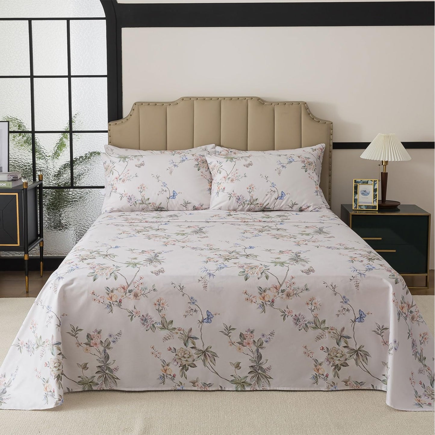 FADFAY Queen Size Sheets Set – 4 Pieces Percale Cotton Deep Pocket Fitted Sheet, Crisp, Breathable & Soft, Country Style Floral & Butterfly Pattern Bedding for All Seasons