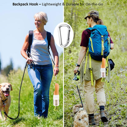 20oz Dog Water Bottle with Food Container & Poop Bag Dispenser | Leak-Proof Portable Pet Water Dispenser with Carabiner Clip | for Walking, Hiking, Travel (Peach, 20oz)