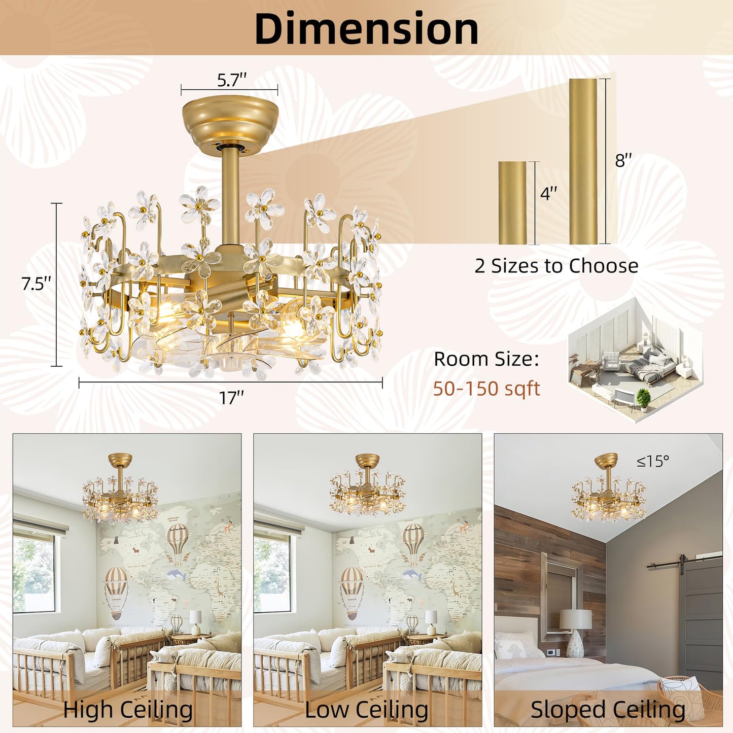 YEDAORL Modern Gold Crystal Fandelier Ceiling Fans with Lights and Remote,Chandelier Fan for Girl's Bedroom,Living Room