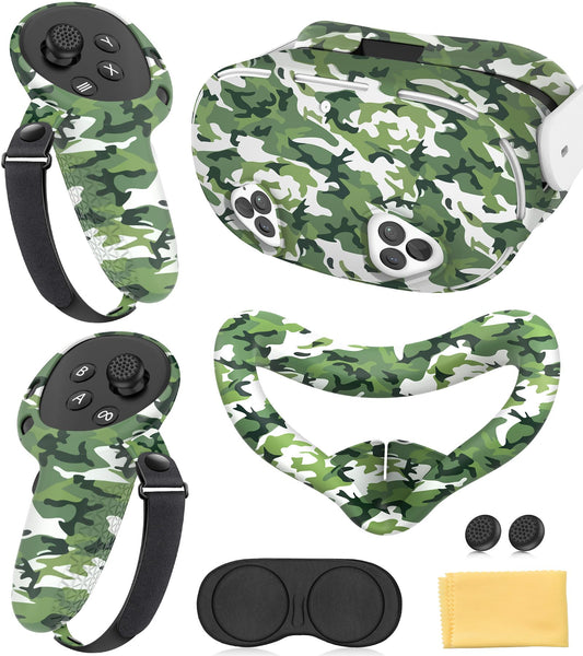 Silicone Cover Set Compatible with Meta Quest 3S Accessories, VR Protector Face Cover, Controller Grips, Front Shell Headset and Lens Protective for Oculus/Meta Quest 3s Accessories(Camouflage Green)