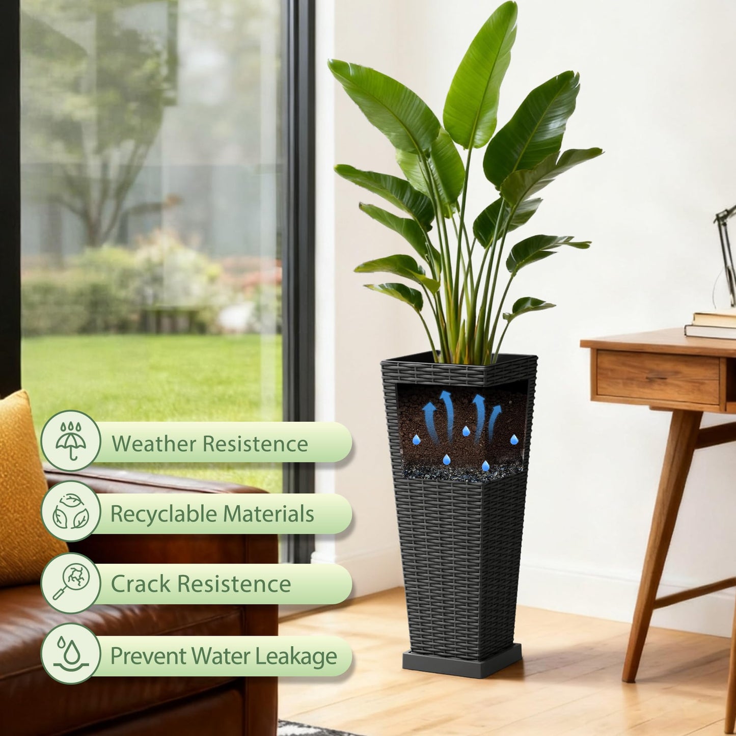 Acurax Set of 2 24 Inch Tall Plastic Planters with Drainage Saucers, Rattan Pattern UV Resistant Indoor Outdoor Flower Pots for Patio Garden Balcony Decor, Black