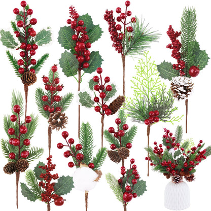 MEMOVAN Christmas Picks and Sprays Artificial Pine Needles Branches Berries Red Stems with Red Berry Pinecone Holly Xmas Floral Picks for Crafts Flower Arrangement Wreath Holiday Xmas Tree Decor-12PCS