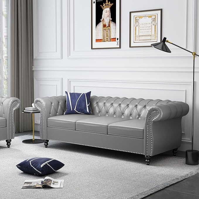 ORRD 2 Piece Living Room Set, Chesterfield Leather Sofa Loveseat Couch Chair
