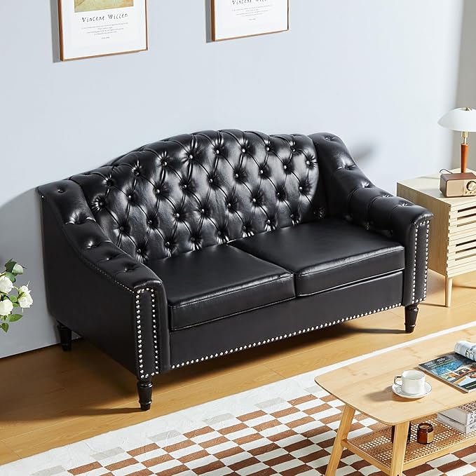 LEVNARY Chesterfield Loveseat Leather, Upholstered Sofa