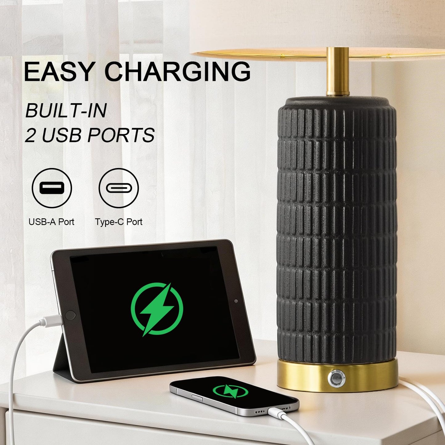 PoKat Ceramic Table Lamps Set of 2 for Living Room, 25'' Modern Touch Bedside Lamps for Bedroom with 2 USB Ports, Farmhouse Black Matte-Textured Nightstand Lamps Office Home Decor (Bulbs Included)