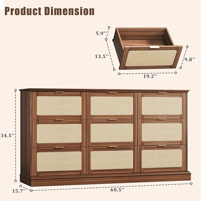 HUAHUU 9 Drawer Dresser for Bedroom, 60 Inch Long Dressers & Rattan Chest of