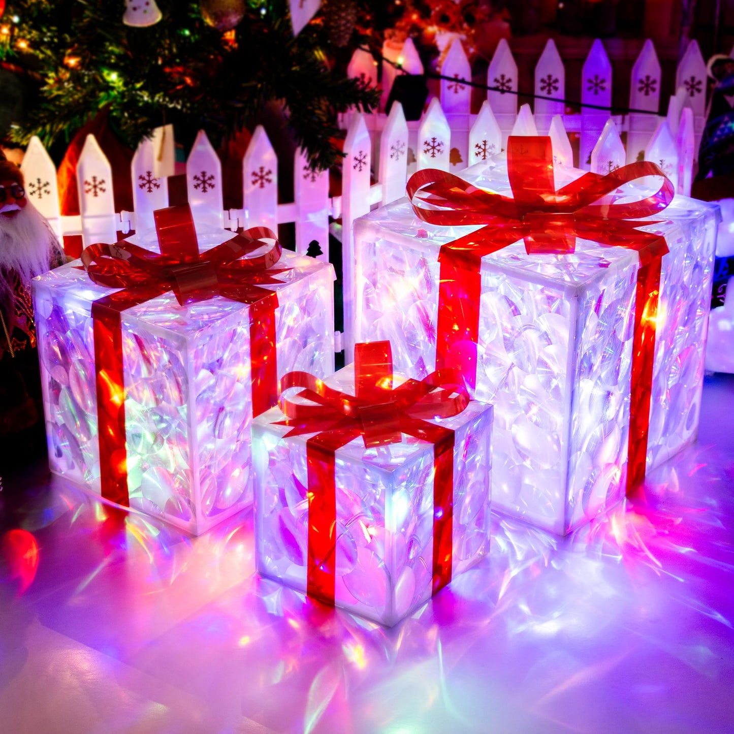 Set of 3 Christmas Lighted Gift Boxes with 50 LEDs,Outdoor Christmas Decorations,8 Modes RGBW Lights,Battery Operated Light Up Present Boxes for Christmas Trees Indoor Outdoor Home Yard Lawn Decor