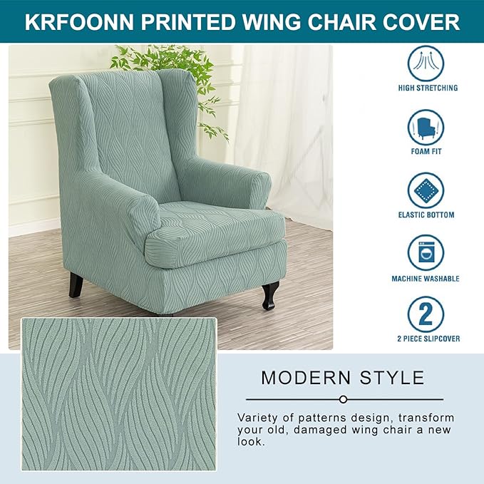 KRFOONN Stretch Wing Chair Slipcovers Jacquard 2 Piece Wingback Chair Covers