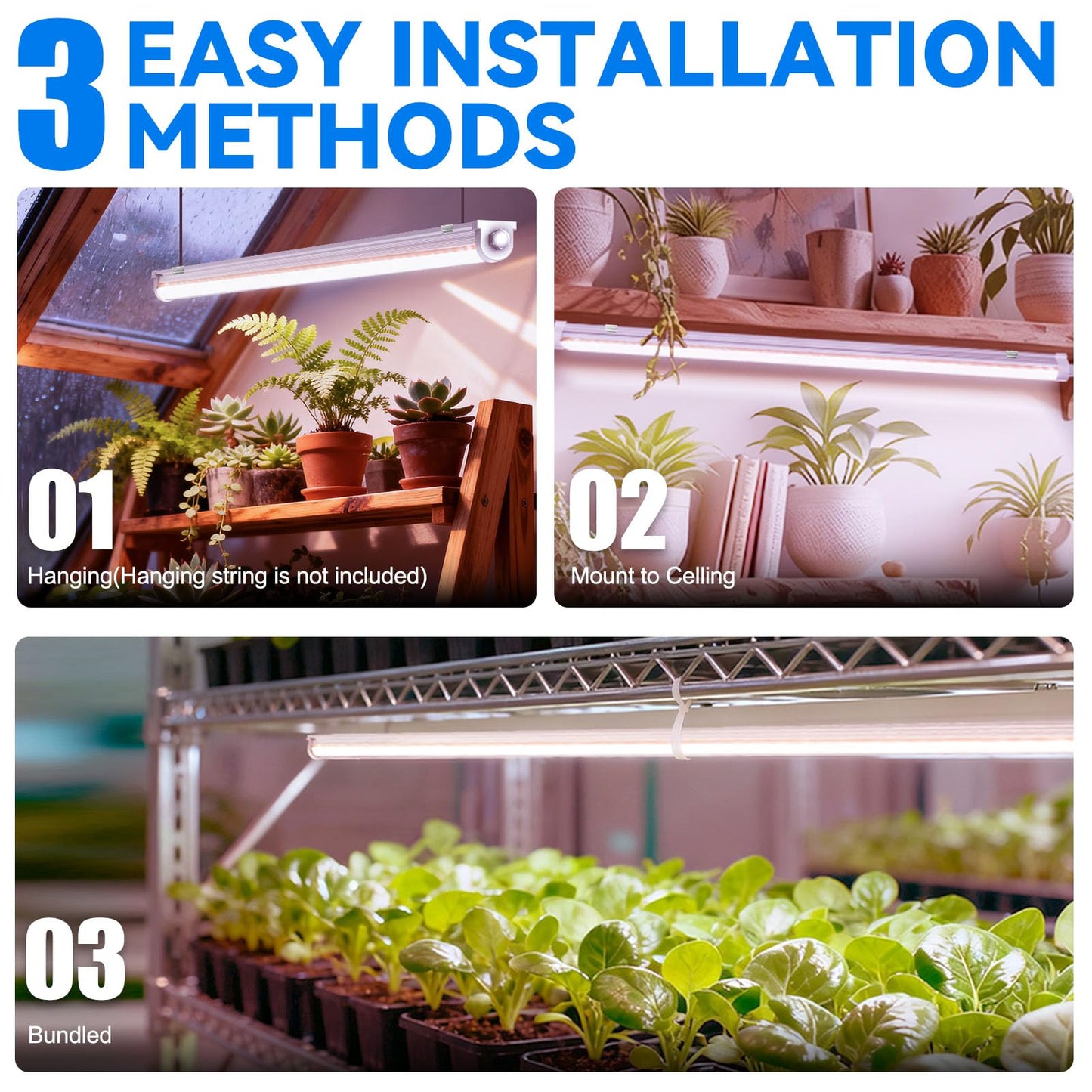 JESLED Waterproof Plant Grow Lights, 2FT Full Spectrum Grow Light, 48W(2 X 24W,300W Equiv), Linkable Led Grow Light Strip for Greenhouse, Plant Shelves, Plug and Play, Pinkish White, 2-Pack