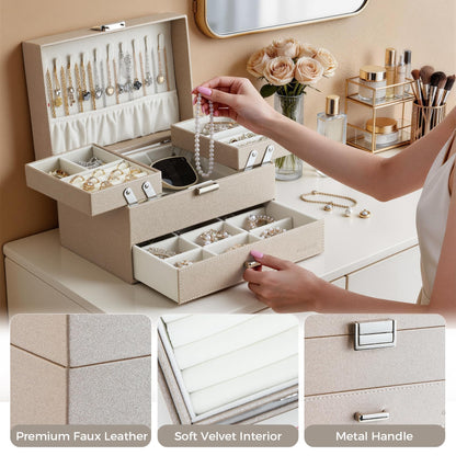 Dajasan Jewelry Organizer Box, Large Jewelry Boxes for Women Girls, Space-Saving 3 Layers Jewelry Storage Case with Drawer, Movable Metal Stand, Modern, Gift Idea (Champagne)