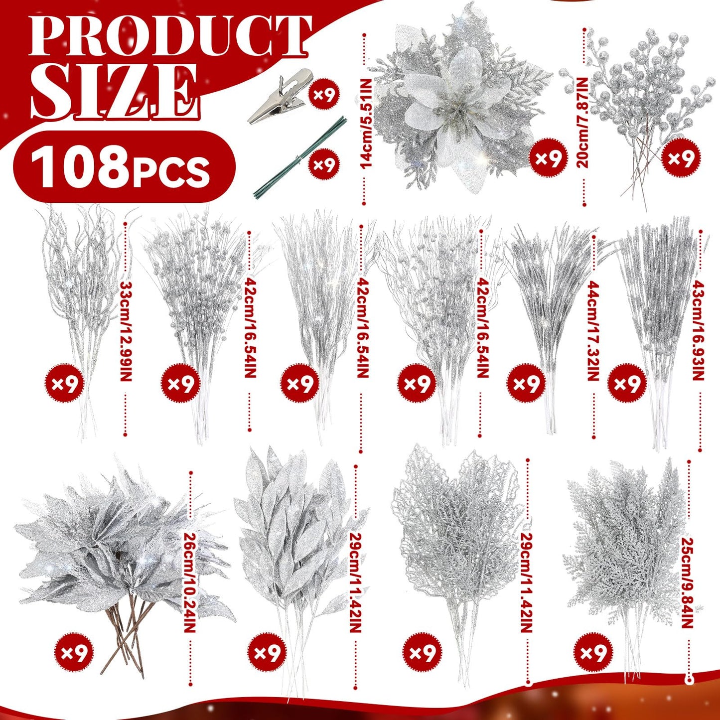 Yerliker 108 Pcs Sliver Glitter Christmas Picks and Sprays, 12 Styles Artificial Christmas Floral Berry Branches Flowers Stems for Xmas Tree Ornaments Wreath Garland DIY Vase Holiday Party Decor