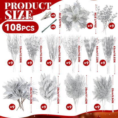 Yerliker 108 Pcs Sliver Glitter Christmas Picks and Sprays, 12 Styles Artificial Christmas Floral Berry Branches Flowers Stems for Xmas Tree Ornaments Wreath Garland DIY Vase Holiday Party Decor
