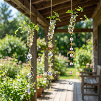 HDCRYSTALGIFTS 3pcs Crystal Suncatchers with Plant Propagation Tubes for Window Wall Hanging, Mini Flower Vase Glass Planter Stations for Hydroponics Home Garden Office Decoration Plant Lover Gift