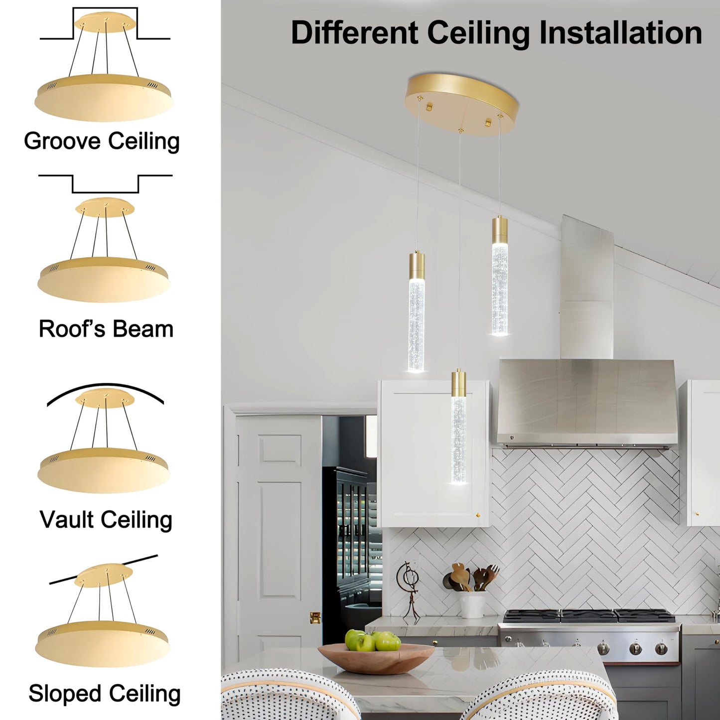 votag 3 Light Pendant Lights Kitchen Island,Modern LED Bubble Crystal Pendants with Dimmable 3000K-6000K Ceiling Hanging Light Fixture for Dining Room Bedroom,Gold Finish,Adjustable Height 59"