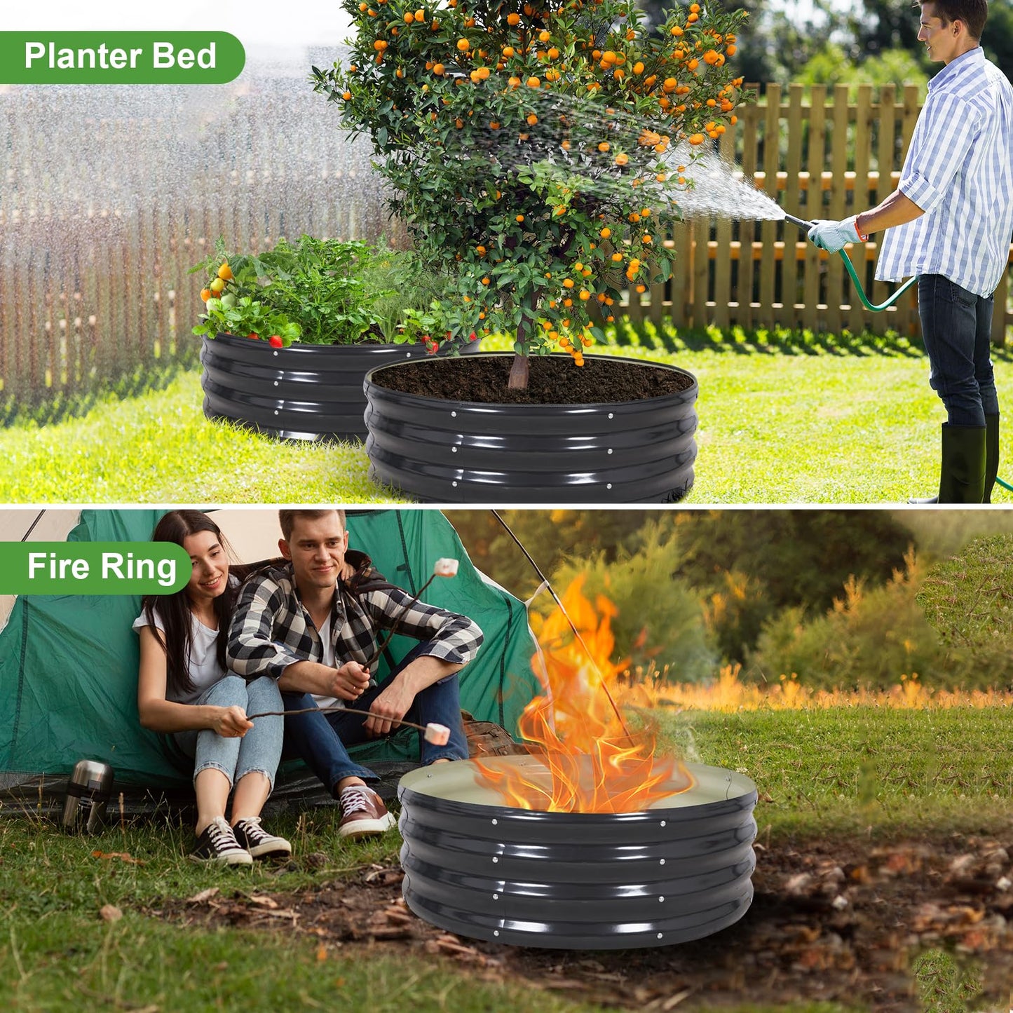 Permade Galvanized Raised Garden Bed- 2Pcs Metal Planter Boxes Outdoor | 12" Tall 36" Round Steel Raised Bed Kit & Fire Pit Ring for Gardening with Protective Tape for Vegetables, Flower (Grey)