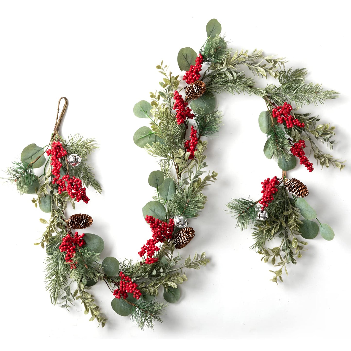 LOHASBEE Artificial Christmas Garland, 5 Feet Pine Cone Eucalyptus Garland with Red Berries, Bells & Greenery Glitter for Christmas Indoor Outdoor Garden Gate Front Door Home Wall Window Stair Decor