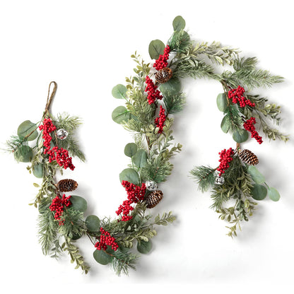 LOHASBEE Artificial Christmas Garland, 5 Feet Pine Cone Eucalyptus Garland with Red Berries, Bells & Greenery Glitter for Christmas Indoor Outdoor Garden Gate Front Door Home Wall Window Stair Decor