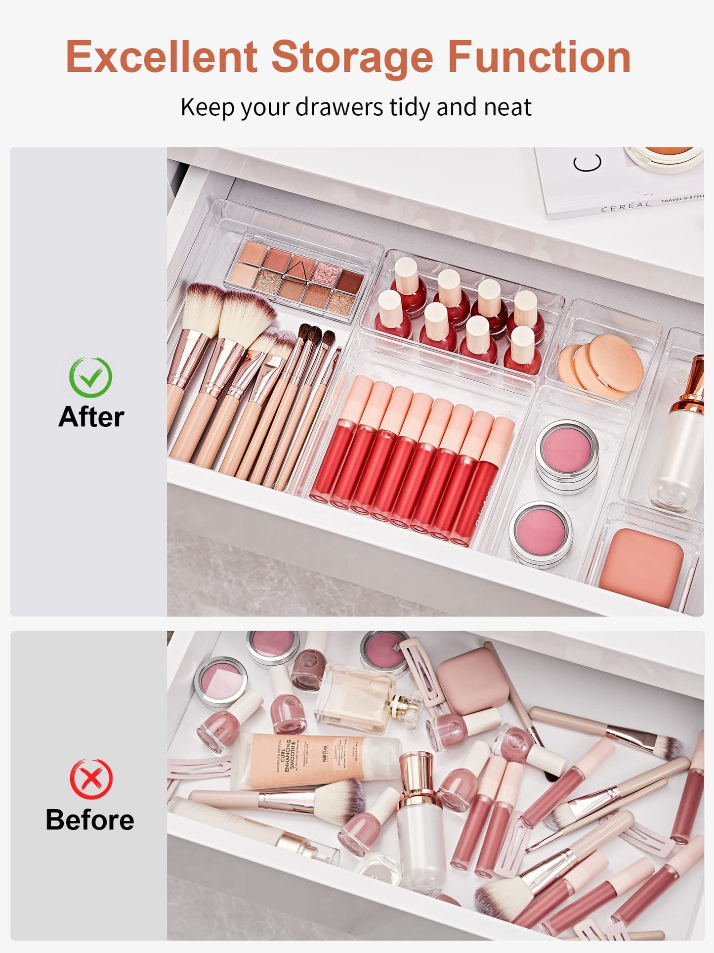 SMARTAKE 13-Piece Drawer Organizer with Non-Slip Silicone Pads, 5-Size Desk Drawer Organizer Trays Storage Tray for Makeup, Jewelries, Utensils in Bedroom Dresser, Office and Kitchen (Clear)