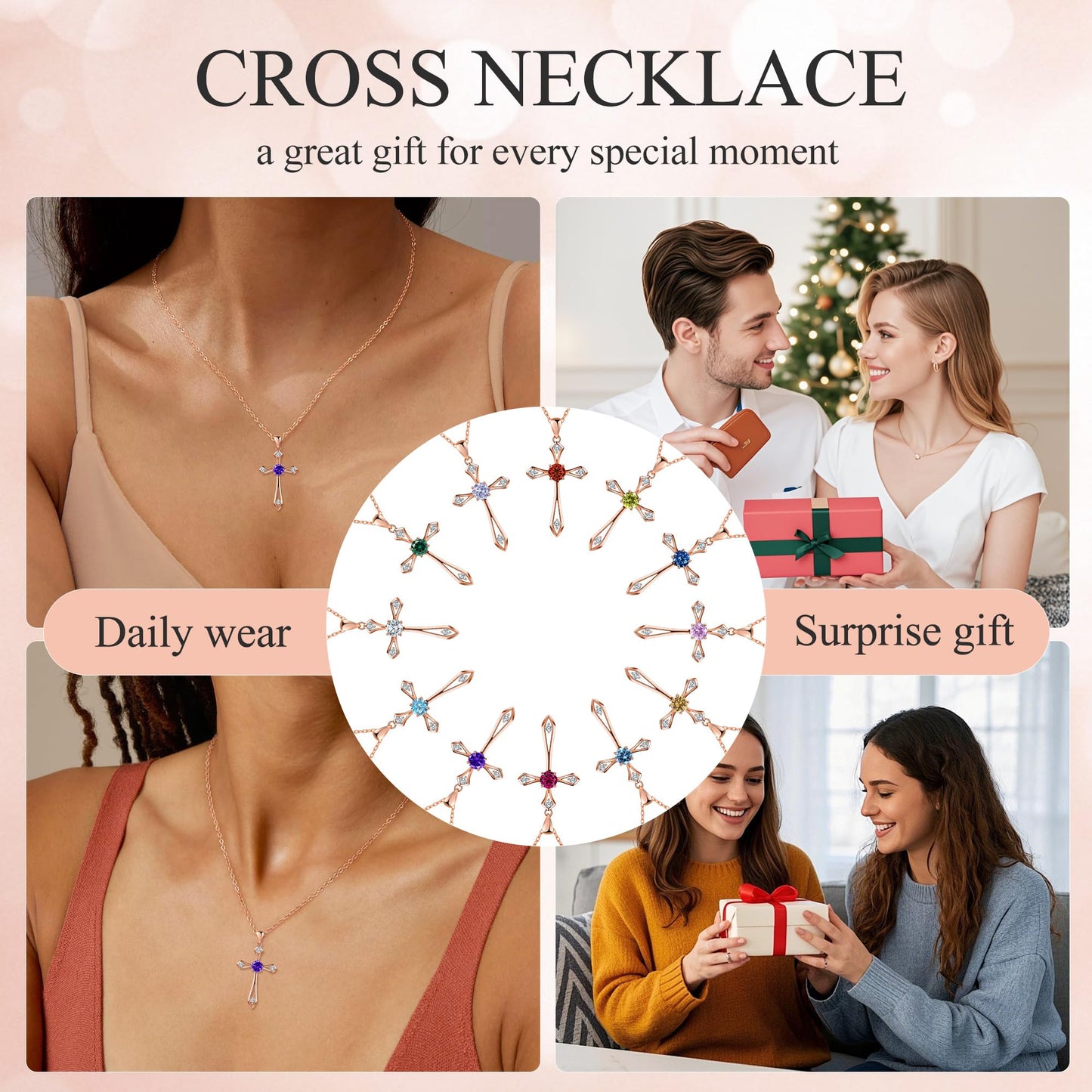 QUALISE Cross Necklace for Women,925 Sterling Silver Birthstone Necklace,Amethyst-February Birthstone Cross Necklace,Faith Religious Fine Jewelry Valentines Day Gifts Birthday Holiday Gifts for Her