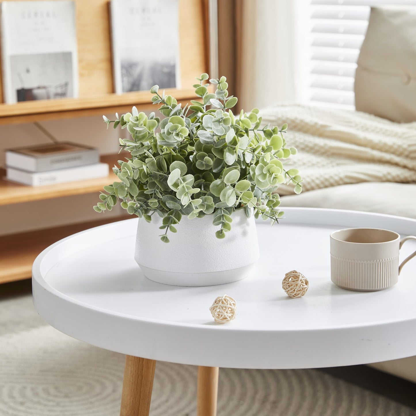 365 Blooming Decor Artificial Eucalyptus Plant–10.2"x11.4" Luxury Faux Potted Greenery in White Textured Pot with Real Pebbles, Premium Material, No Assembly, Farmhouse, Coffee Table, Bathroom Decor