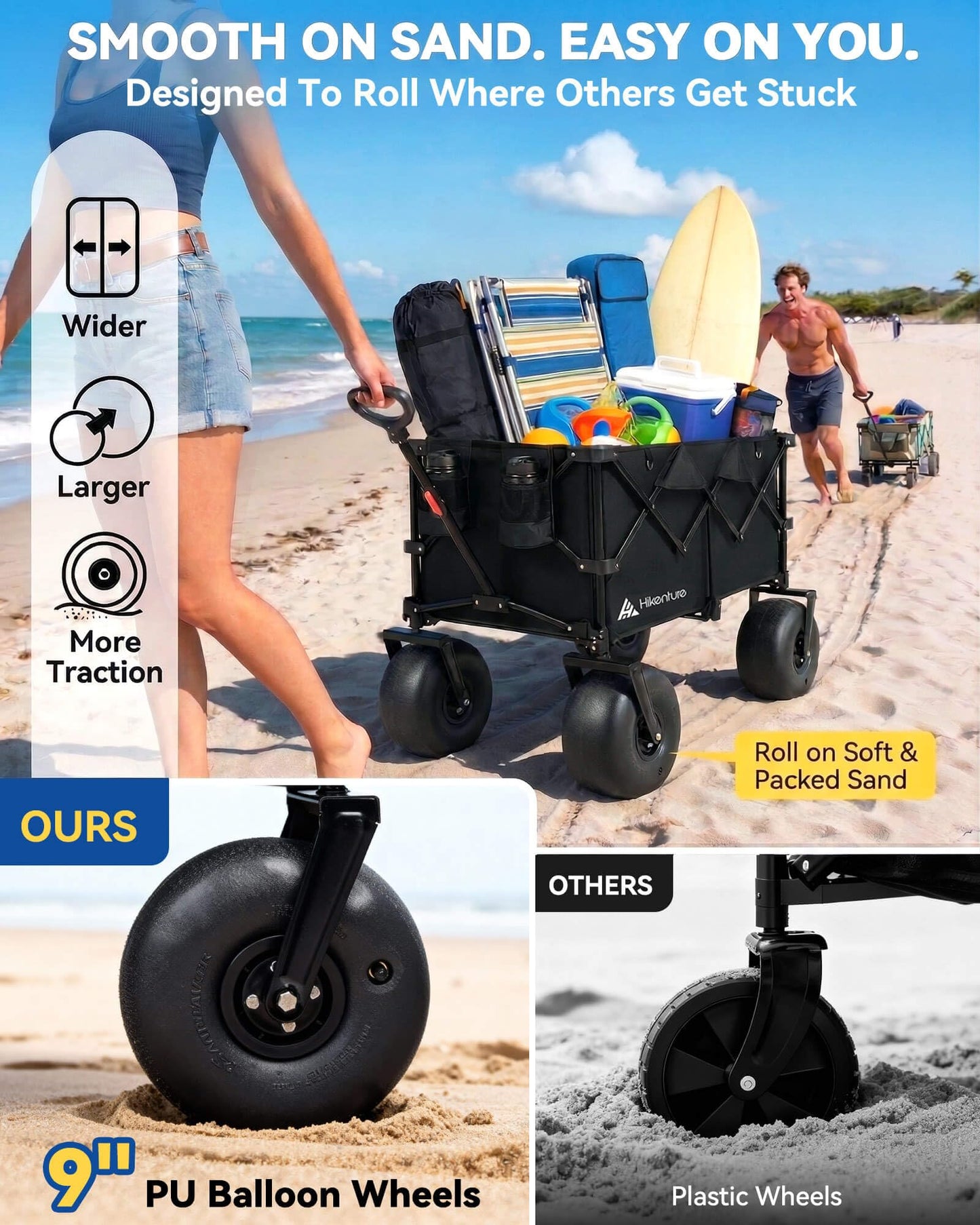 Hikenture Beach Wagon with Balloon Wheels, 9" PU Tires Collapsible Wagon, 440lbs Heavy Duty Beach Cart with Big Wheels for Sand, Large Capacity Utility Wagons Carts Foldable