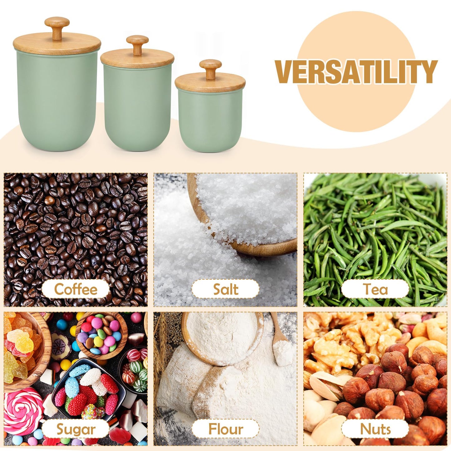 Remerry Metal Kitchen Canisters for Countertop Set of 3 Sugar Flour Canisters Set with Airtight Bamboo Lids Kitchen Jars with Spoon DIY Labels for Coffee, Tea, Spice, Sugar, Salt(Sage Green)