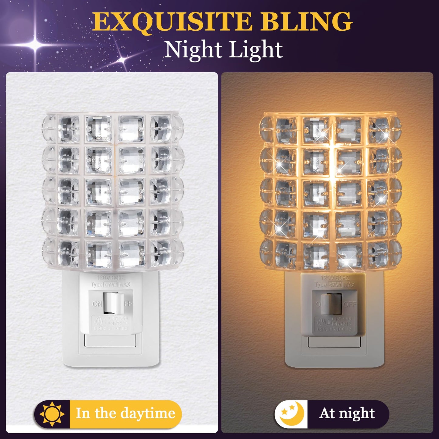 Crystal Diamond LED Night Light Plug into Wall, Decorative Plug in Night Light with Manual On/Off Switch and 360° Rotating Plugs, Warm White Ambient Nightlight for Bedroom, Bathroom, Hallway Decor
