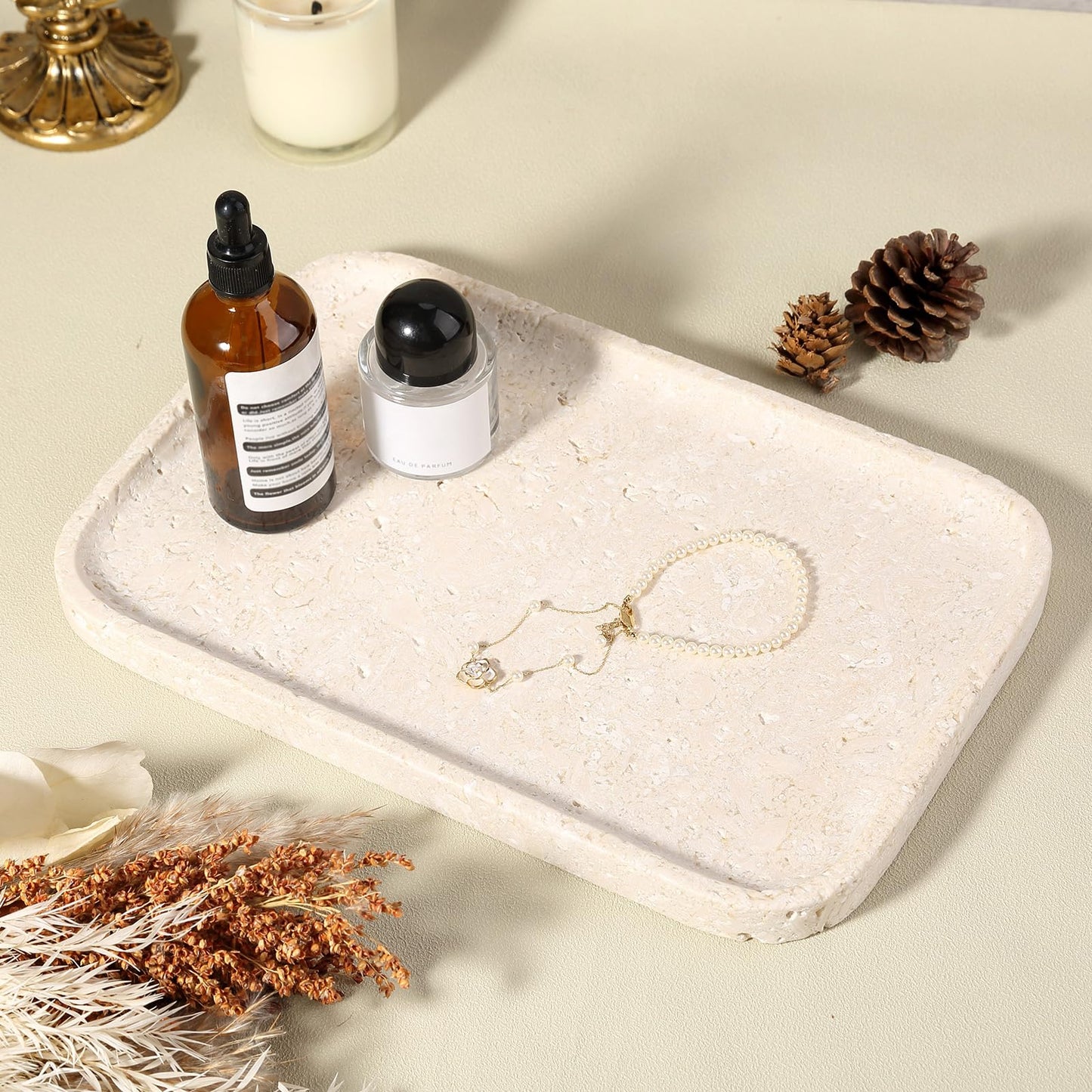 Karibiber Natural Marble Vanity Tray, 11.8" Marble/Stone Bathroom Tray Countertop, Beige Tray for Decor, Perfume Jewelry Holder, Storage/Organizer for Kitchen Sink